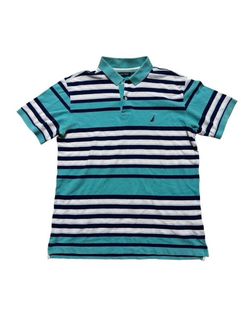 Nautica Polo Shirt Men M Blue Green Striped Cotton Short Sleeve